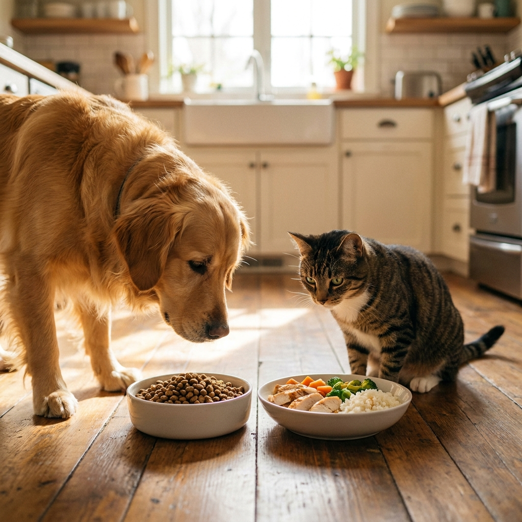 Cão e gato perto de uma tigela com alimento natural e ração seca